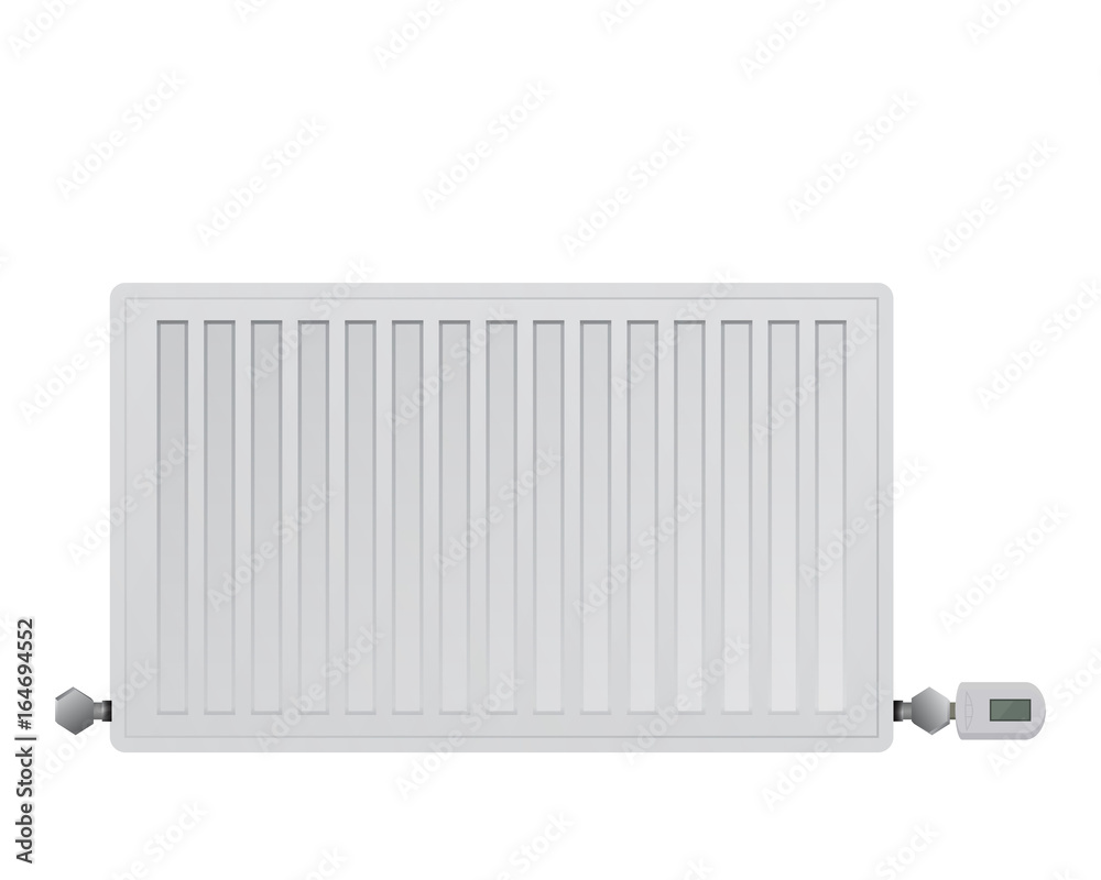 Steel panel radiator. Managing electronic thermal head on the valve. Connection to the heating system right and left.