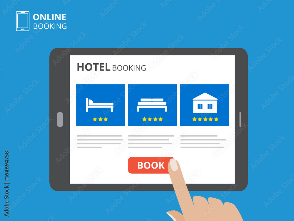 Design concept of hotel booking online. Tablet computer with hand touching a screen. Display with book button and bed icons. Design concept of hotel booking online. Tablet computer with hand touching a screen. Display with book button and bed icons.