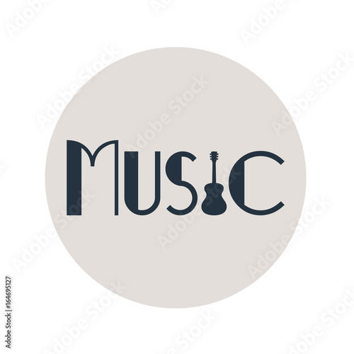Icono plano texto MUSIC con guitarra en circulo gris