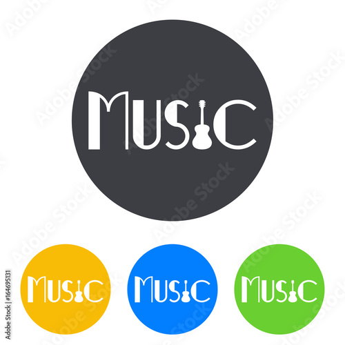 Icono plano texto MUSIC con guitarra en circulo varios colores