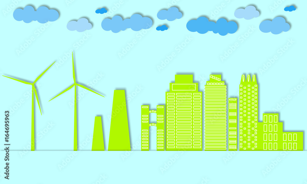 Green city concept. Eco town. Wind generators and alternative energy for large cities. Paper art style. 3d vector collage. Design for wallpaper, background, prints, banners, brochures. 