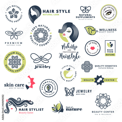 Premium quality beauty and nature icons. Set of vector illustration concepts of labels and stickers for cosmetics, healthcare, natural and organic products, wellness and spa, beauty salon, jewelry