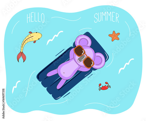 Hand drawn vector illustration of a cute koala in sunglasses floating in the sea on inflatable air mattress, with fish, starfish and crab, text Hello Summer.
