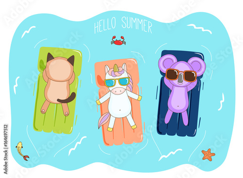 Hand drawn vector illustration of a unicorn, koala and cat in sunglasses floating in the sea on inflatable air mattresses, with fish, starfish and crab, text Hello Summer.