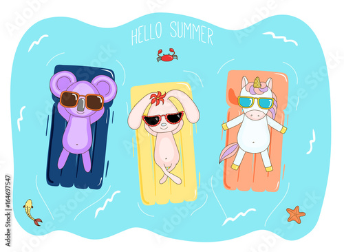 Hand drawn vector illustration of a unicorn, koala and bunny in sunglasses floating in the sea on inflatable air mattresses, with fish, starfish and crab, text Hello Summer.