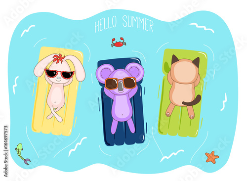 Hand drawn vector illustration of a koala, bunny and cat in sunglasses floating in the sea on inflatable air mattresses, with fish, starfish and crab, text Hello Summer.