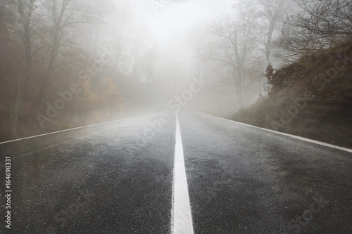 Landstraße im Herbst mit Nebel