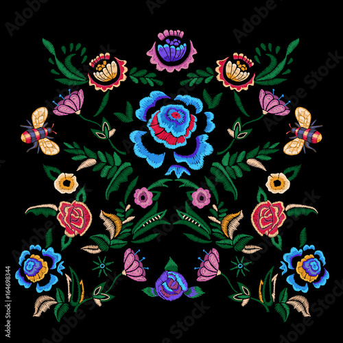 Embroidery folk pattern with fantasy simplify flowers. Vector embroidered floral patch for clothing design.