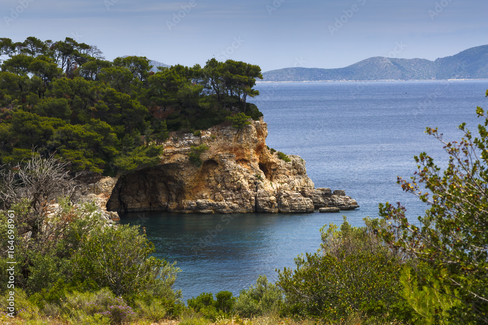 View of the coast near Patitiri village on Alonissos island in Greece.
