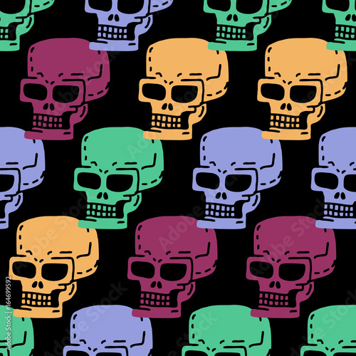 Skull cartoon seamless pattern. Skeleton head drawing ornament. Medicine background. Retro Vintage Texture