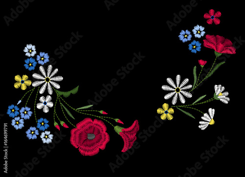 Vector design for collar t-shirts and blouses. Colorful ethnic flowers neck line. Embroidery for Fashion. Vector illustration.