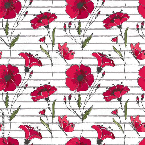 Vector floral seamless pattern. Colorful floral pattern with red poppies on striped background.