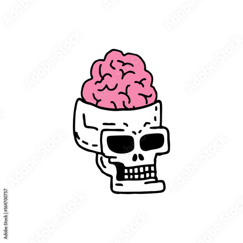 Skull with brains drawning. head of skeleton with convolutions of cartoon style