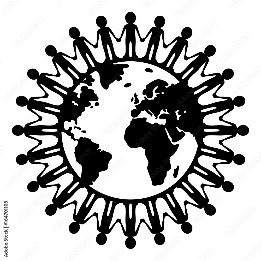 Kreisförmige Menschenkette um die Welt / schwarz-weiß, Vektor, freigestellt