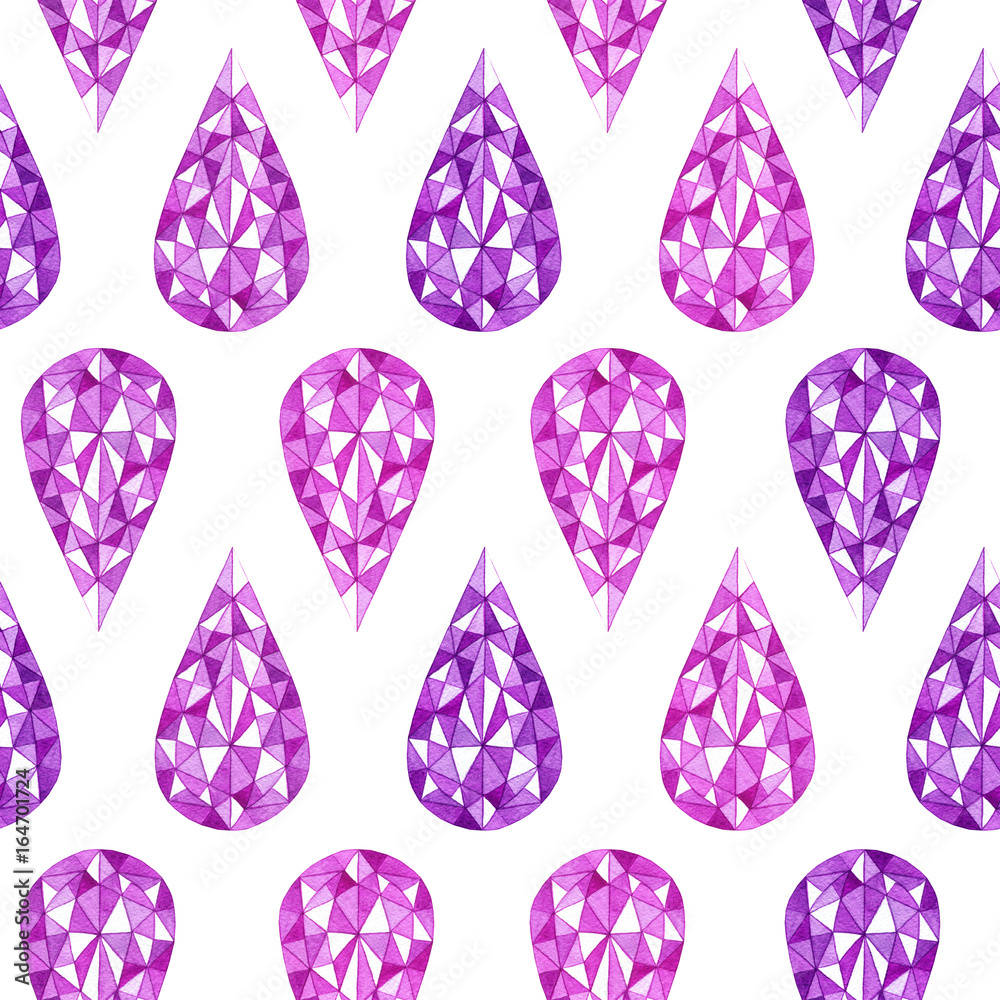 Hand drawn watercolor purple gemstone in the shape of a tear pattern on the white background Hand drawn watercolor purple gemstone in the shape of a tear pattern on the white background