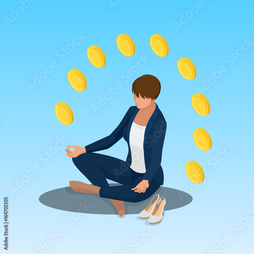 Young yoga position business woman relaxing. Business woman sitting in padmasana lotus pose. Isometric vector illustration