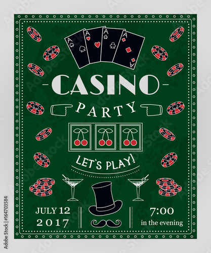 Casino party invitation with decorative elements. Vintage vector illustration