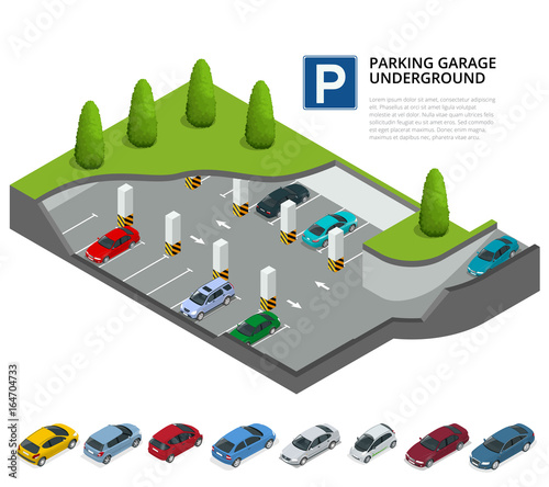 Parking garage underground. Indoor car park. Urban car parking service. Flat 3d isometric vector illustration for infographic.