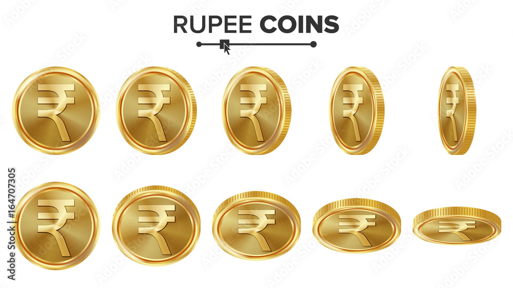 Rupee 3D Gold Coins Vector Set. Realistic Illustration. Flip Different Angles. Money Front Side. Investment Concept. Finance Coin Icons, Sign, Success Banking Cash Symbol. Currency Isolated On White