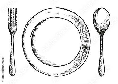 Obraz na plátně fork spoon and a plate of hand-drawing