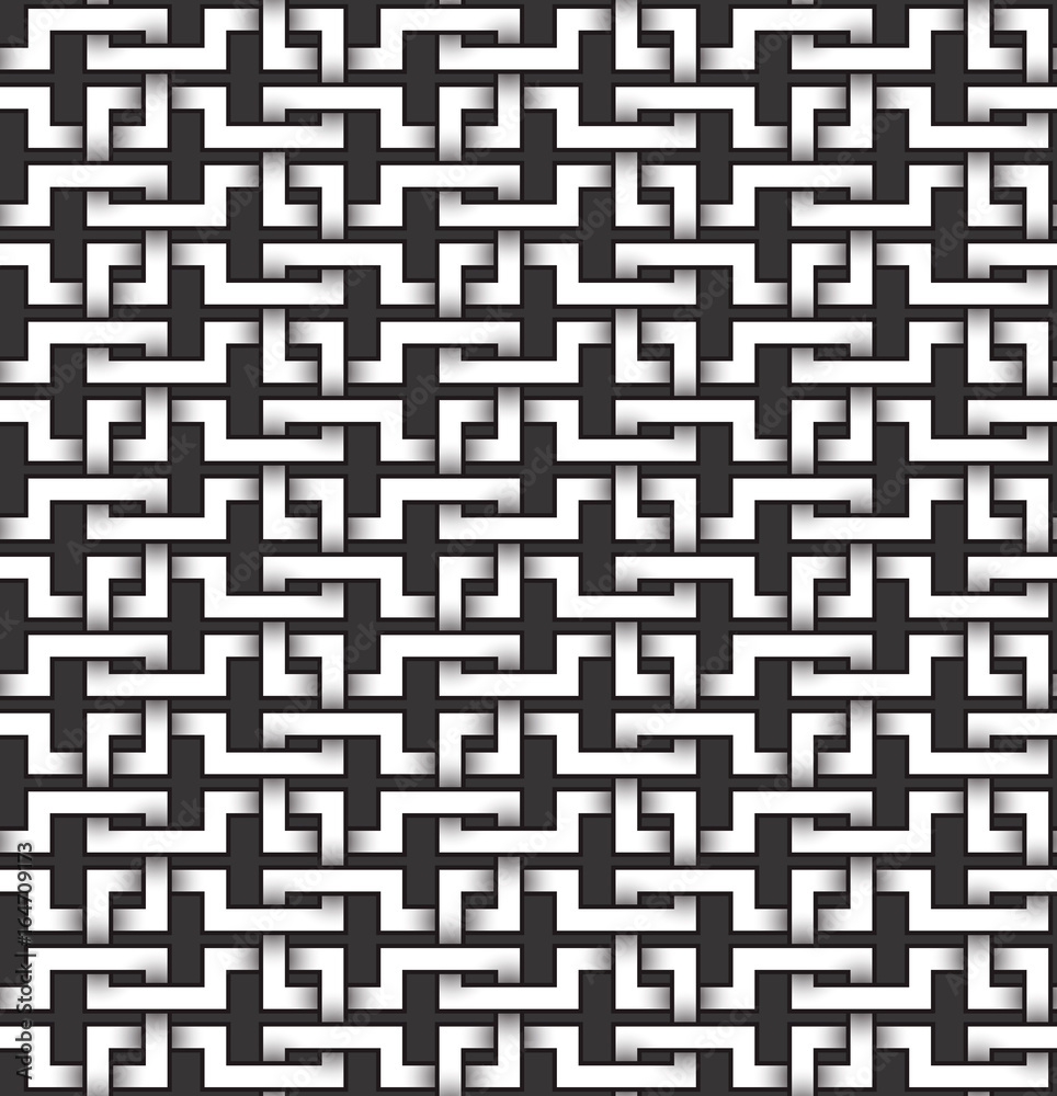 Monochrome seamless pattern of loops shaped twisted bands. Abstract repeatable background.