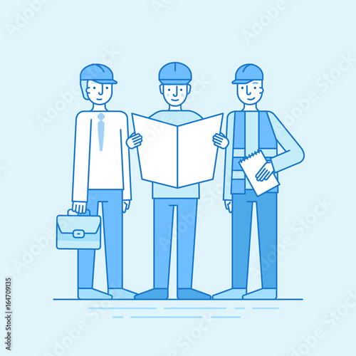 Vector illustration in line flat style and blue colors - building, construction and development business concept