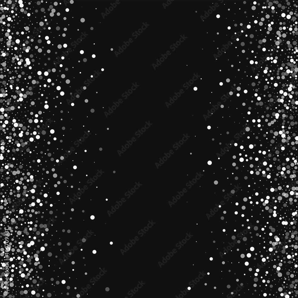 Random falling white dots. Scattered frame with random falling white dots on black background. Vector illustration.