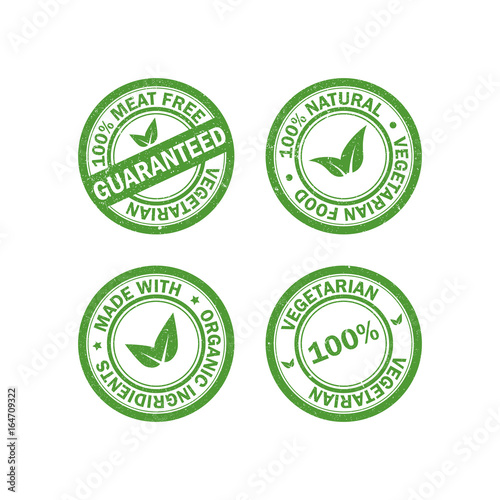 Set of vegetarian food rubber grunge stamps. Vegan sticker icons. Vector