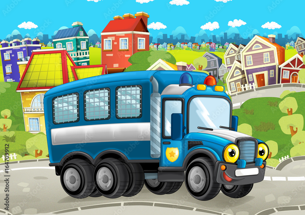 happy and funny cartoon police truck looking and smiling driving through the city - illustration for children