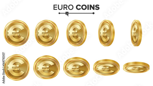 Euro 3D Gold Coins Vector Set. Realistic Illustration. Flip Different Angles. Money Front Side. Investment Concept. Finance Coin Icons, Sign, Success Banking Cash Symbol. Currency Isolated On White