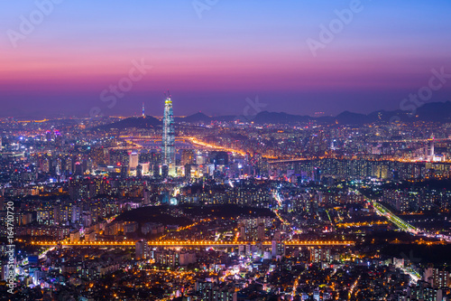 Downtown Seoul skyline and skyscraper after sunset  The best view of South Korea at Namhansanseong Fortress.