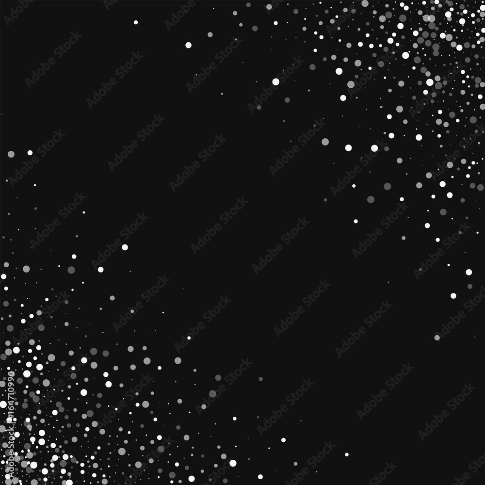 Random falling white dots. Scatter cornered border with random falling white dots on black background. Vector illustration.