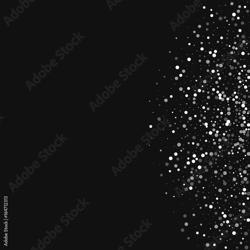 Random falling white dots. Right semicircle with random falling white dots on black background. Vector illustration.