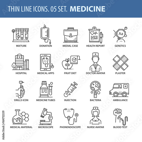 Set of thin line flat icons. Medicine