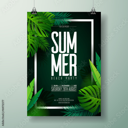 Vector Summer Beach Party Flyer Illustration with typographic design on nature background with palm leaves.