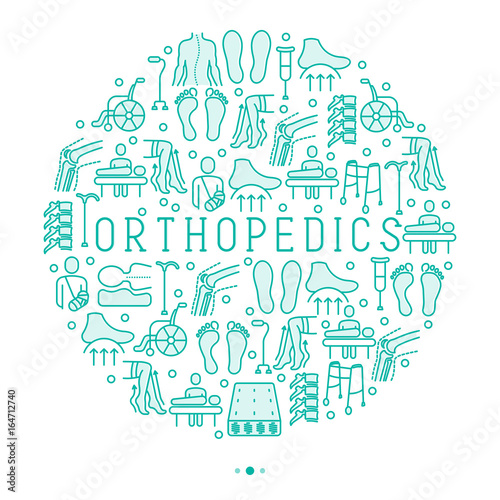 Orthopedic and trauma rehabilitation concept with thin line icons for web page or banner of clinics and medical centers. Vector illustration.