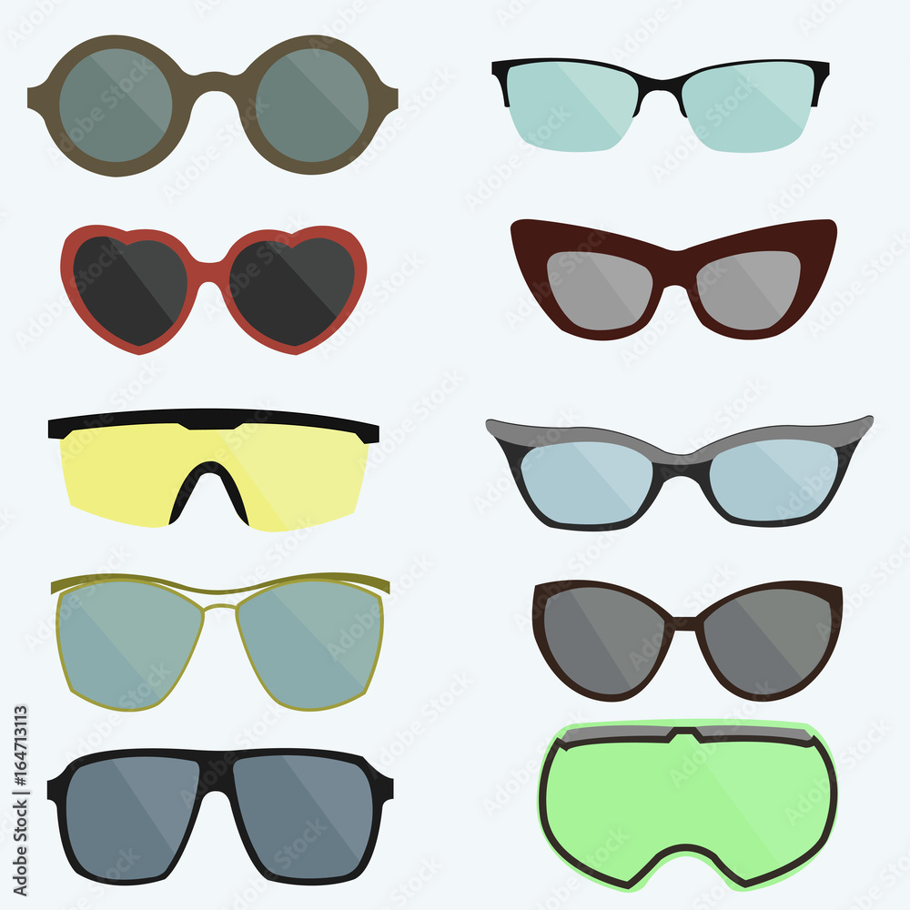 Set of protective glasses of various shapes.