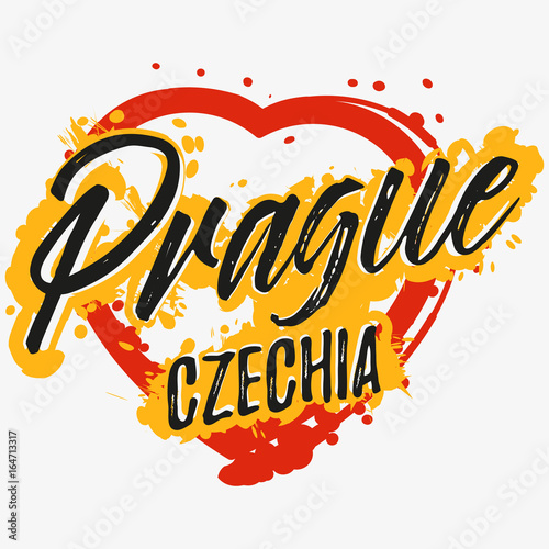 Print with lettering about Prague and red yellow paint splashes in shape of heart on grey background. Pattern for fabric textiles, clothing, t-shirts. Vector illustration