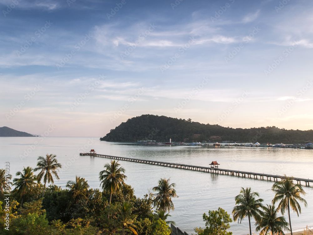 A long jetty juts out into the ocean at Bangbao Bay, Ko Chang, Thailand