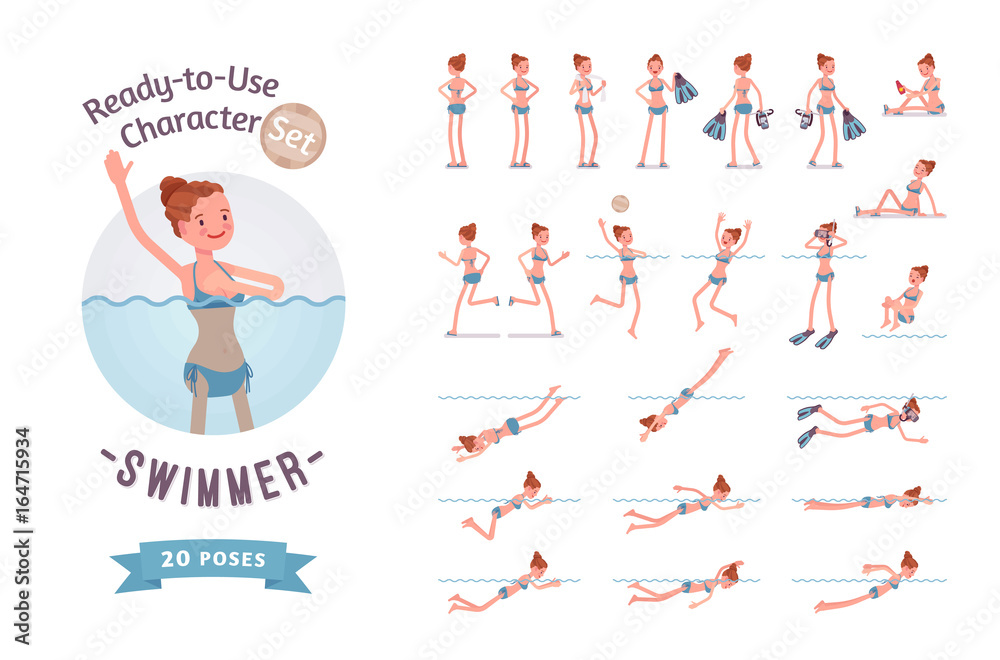 Ready-to-use female swimmer character set, various poses and emotions Ready-to-use female swimmer character set, various poses and emotions