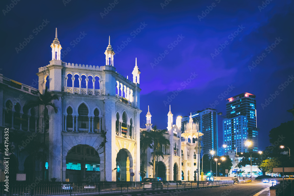 Malayan Railway Administration Building in Kuala Lumpur, Malaysia. Beautiful historic buildings of Kuala Lumpur at night.