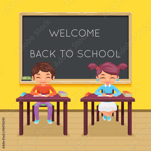 Study pupil student sit class table desk education lesson child character icon classroom school board background vector illustration