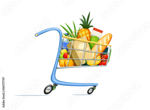 Shopping cart with foodstuff. Supermarket equipment for buying