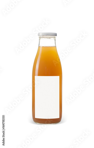 bottle of apple juice with blank blue label isolated on white