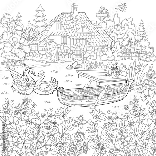 Coloring book page of rural landscape, flower meadow, lake, farm house, ducks, kitten, swans, horses, frog, storks. Freehand drawing for adult antistress colouring with doodle and zentangle elements.