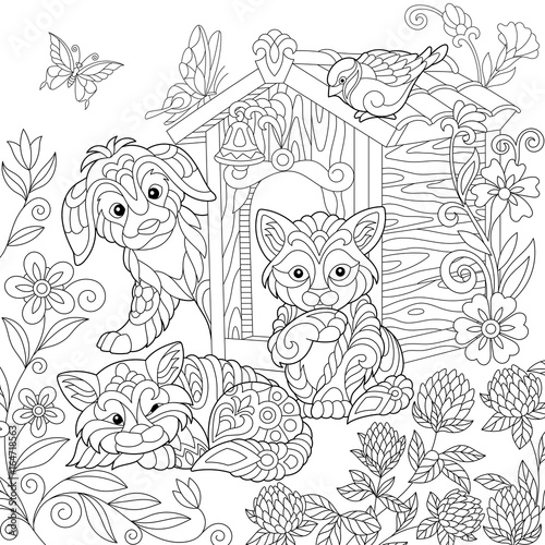 Coloring page of puppy  cat  sparrow bird  dog booth  clover flowers and butterflies. Freehand drawing for adult antistress colouring book with doodle and zentangle elements.