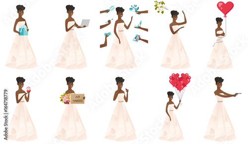 Vector set of illustrations with African bride character.