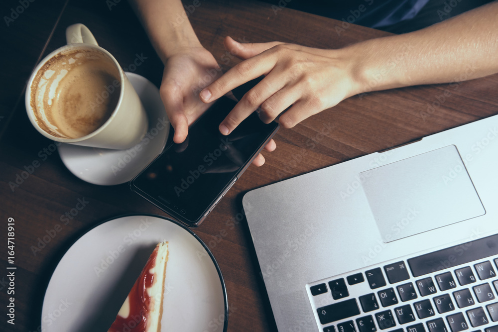 Laptop, woman, cafe, coffee, cake, morning, breakfast Laptop, woman, cafe, coffee, cake, morning, breakfast