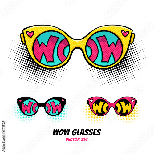 Comic sunglasses with inscription wow text in reflection on halftone background. Vector bright dynamic cartoon objects set in retro pop art style isolated on white background.