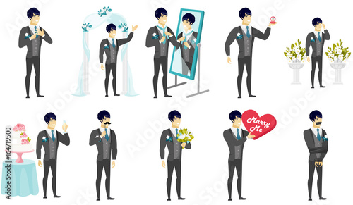Young asian groom vector illustrations set.